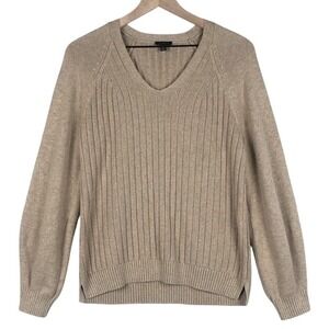 TALBOTS Ribbed Sweater Women's Sz L Tan Cotton V-Neck Long Balloon Sleeve Raglan